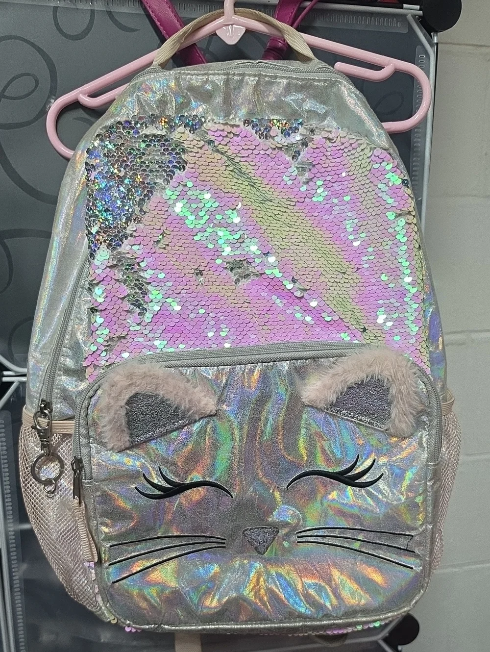 Holographic Cat Sequin Girls' Backpack - Pink Iridescent